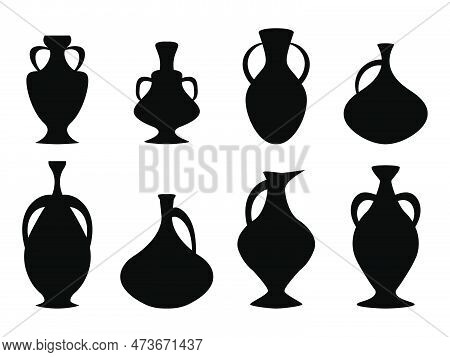 Black Amphorae Set Isolated On White Background. Amphora Silhouettes. Ancient Greek Jars And Amphora