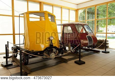 Flam, Norway - July 16, 2018: Simply Built Motor Car - Trolley - With Snow And Wind Protection And M