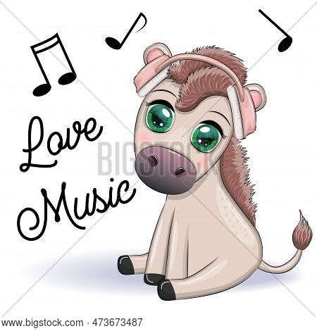 Donkey In Headphones Listens To Music. I Love Music, Cute Character