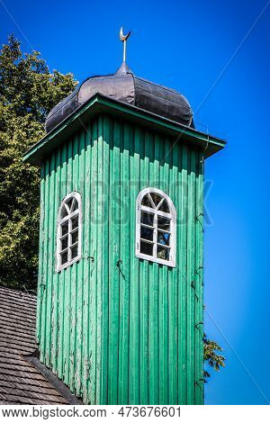 Belfry With White Window Of Green Wooden Historic Lipka Tatar Mosque