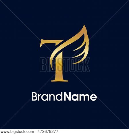 Simple And Elegant Illustration Logo Design Initial T Combine With Wing. Gold Color Make Your Compan