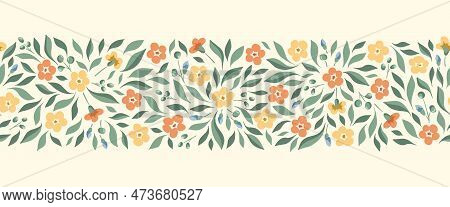 Delicate Chintz Romantic Meadow Wildflowers Horizontal Vector Seamless Pattern Border. Cottagecore G