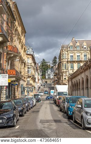 Wiesbaden, Germany - March 26, 2023: View To Historic Saalgasse - Engl Hall Street In Wiesbaden. The