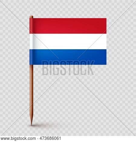 Realistic Dutch Toothpick Flag. Souvenir From Netherlands. Wooden Toothpick With Paper Flag. Locatio
