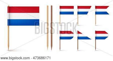 Realistic Various Dutch Toothpick Flags. Souvenir From Netherlands. Wooden Toothpicks With Paper Fla