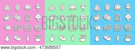 Set Line Asian Noodles In Bowl, Donut, Broccoli, Jelly Cake, Cookie With Chocolate, Steak Meat, Wate