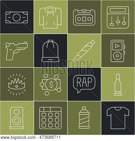 Set Line T-shirt, Bullet, Music Player, Retro Audio Cassette Tape, Winter Hat, Pistol Or Gun, Stacks