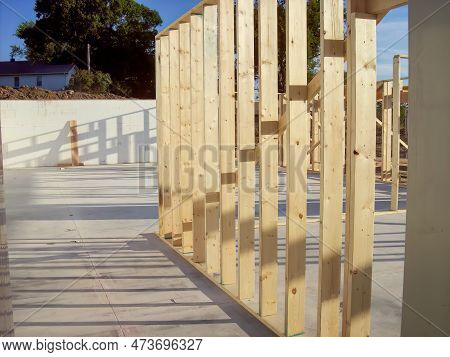 Wall Frame Being Built On A Slab-on-grade Single Story Berm Home.