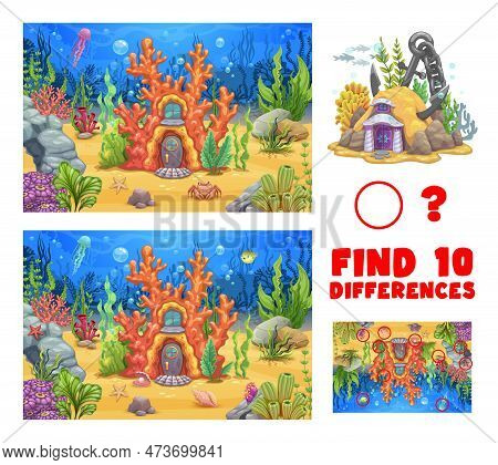 Find Ten Differences On Underwater Landscape. Kids Vector Game Worksheet, Riddle With Cartoon Mermai