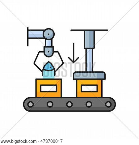 Fishing Industry Factory Conveyor Belt Line Icon. Seafood Processing And Preserved Product Manufactu