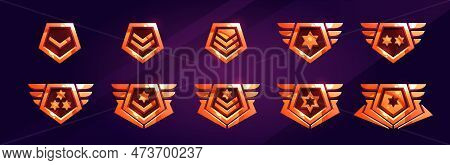 Military Rank Badges, Army Insignia Icons. Bronze Emblems For War Game, Metal Military Signs With Wi