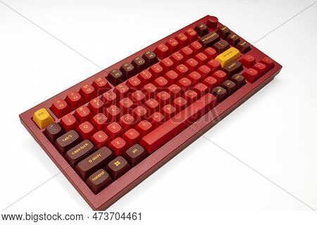 27 March 2023-bucharest, Romania. The Keychron Q Keyboard In A Colorful Red Design