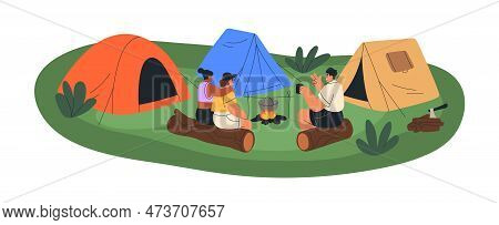 Campers Sitting Around Bonfire At Campground. Friends Tourists Relaxing, Camping In Nature, Talking 
