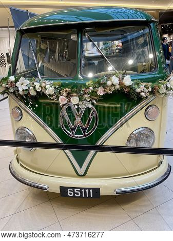 Vw T1 Van Beige And Green, Decorated With Garland Of Flowers. Belle Etoile Shopping Centre, Strassen