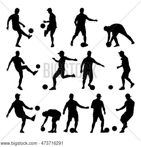 Set Of Soccer Players Silhouettes Isolated On White Background. Group Of Footballers With Ball Of Di