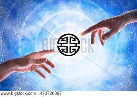 Hands Pointing Shenist Symbol With Concentric Circles With A Flash Of Light On A Magical Starry Blui