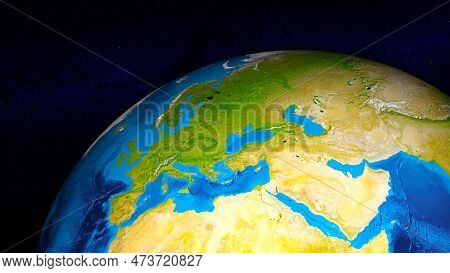 Earth Globe Zoomed And Focused On Europe And Middle East. Day Side Of Earth Without Clouds Illuminat