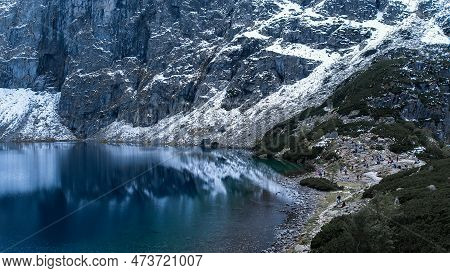 Czarny Staw Pod Rysamy Or Black Pond Lake Near The Morskie Oko Snowy Mountain Hut In Polish Tatry Mo