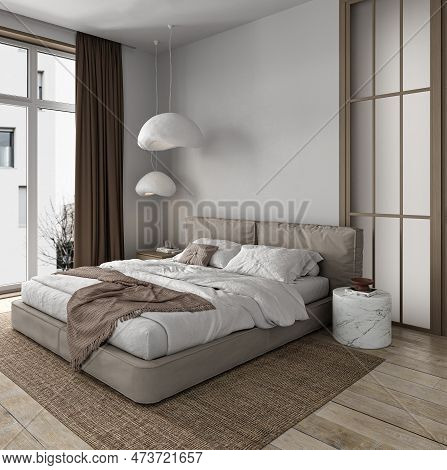 Minimal Japenese Bedroom Interior. Bed With Blanket And Pillows, Carpet On Hardwood Floor. Mockup Em