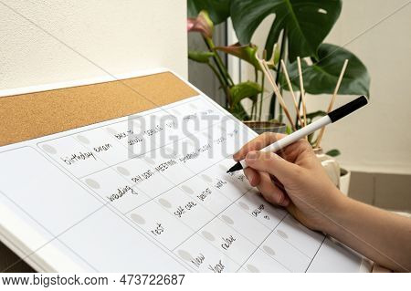 Female Hand Writing With Marker On Monthly Planner Filled With Appointments And Plans For Next Month