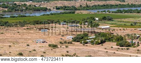 Keimoes, South Africa - Feb 25, 2023: South West View From Tierberg To The West. Vineyards, Farm Bui