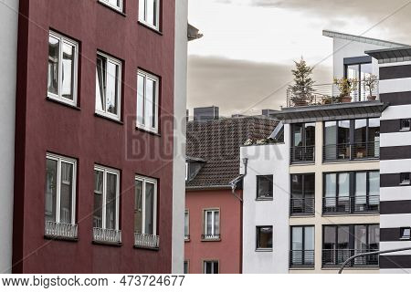 Picture Of A Residential Street Of Aachen, Germany, With Residential Buildings. Aachen Is A Spa City