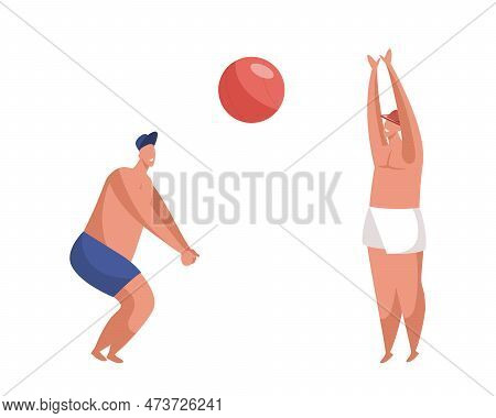 Beach Volleyball Game Vector Image. Cartoon Man And Woman Playing Ball On Coast. Simple Characters D