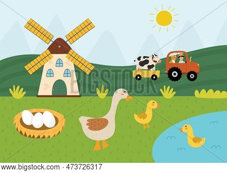On The Farm Poster With A Cute Goose And Her Baby Goslings. Windmill, Tractor, A Pond On A Green Mea