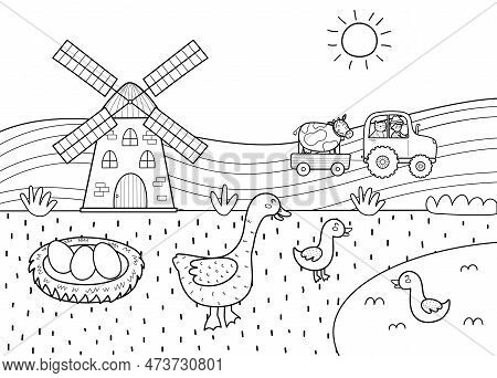 On The Farm Black And White Poster With A Cute Goose And Her Baby Goslings