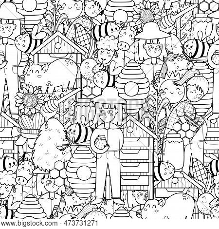 Bee And Beekeeper Black And White Seamless Pattern. Coloring Page With Funny Farm Characters