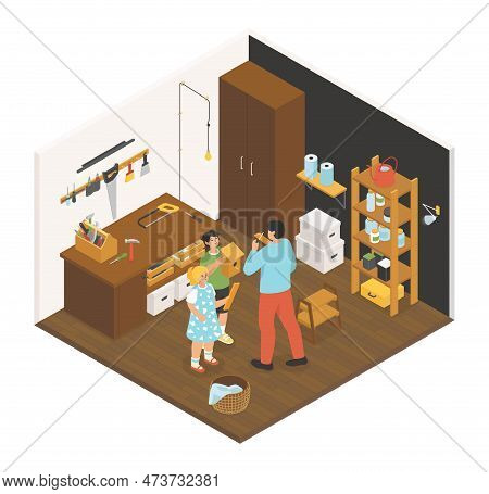 Making A Birdhouse In A Carpentry - Vector Colorful Isometric Illustration