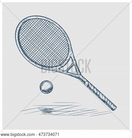 Tennis Racket And Ball Sketch Obsolete Blue Style Vector Illustration. Old Hand Drawn Azure Engravin