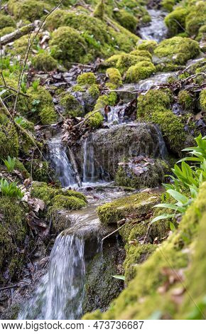 Closeup Shot Of A Small Rivulet With Some Cascades In Early Spring Time