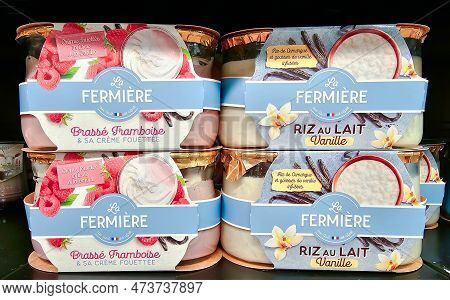 Latvia, Riga, March, 2023: Delicious And Healthy La Fermiere Yogurt On Shelf Of Supermarket. Natural