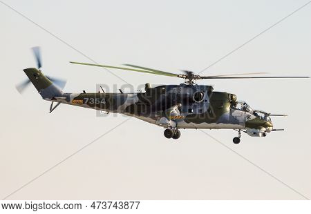 Czech Air Force Mi-24 Hind Attack Helicopter In Flight Over Berlin-schonefeld. Berlin, Germany - May
