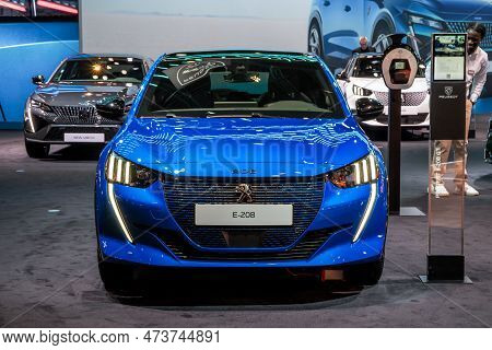 Peugeot E-208 Electric Car At The Brussels Autosalon European Motor Show. Brussels, Belgium - Januar
