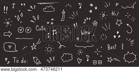 Doodle Cute Glitter Pen Line Elements. Doodle Heart, Arrow, Star, Sparkle Decoration Symbol Set Icon