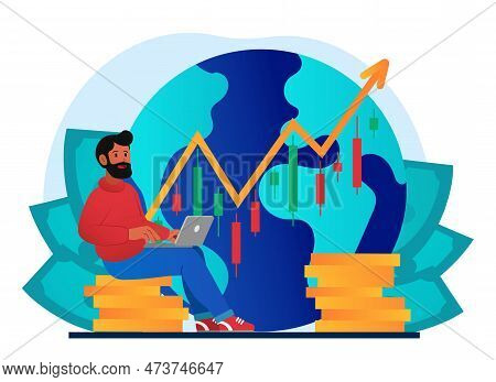 Concept Of Investment. Man With Laptop On Background Of Graphs And Diagrams. Financial Literacy And 
