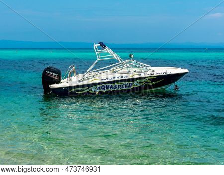 Chalkidiki, Greece - August 2019: Boat On Platanitsi Beach Of Sithonia Peninsula