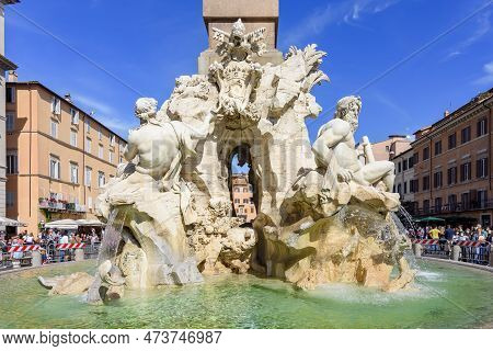 Rome, Italy - October 2022: Fountain Of Four Rivers (fontana Dei Quattro Fiumi) On Navona Square