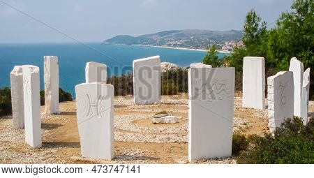 Metalleia Or Mines Beach In Thassos Island Greece With Marble Stones And Turquoise Blue Water Ideal 