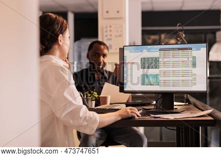 Woman Analyzing Stock Exhange Market Statistics On Computer Screen, Looking At Company Investment Re