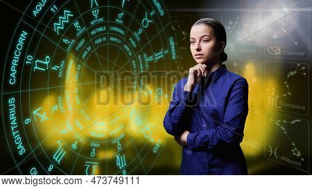 Portrait Of Dreamy Young Female On Background With Horoscope Astrological Signs