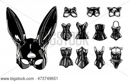 Latex Cat And Rabbit Mask. Black Latex. Female Corset. Fetish.