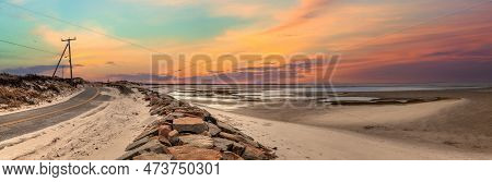 Roadway Along Chapin Beach In Cape Cod, Massachusetts At Sunset.