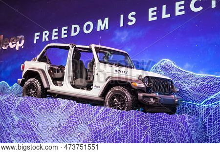 Toronto, Canada - 02 25 2023: 2023 Jeep Wrangler Willys 4xe Phev, Industry First Plug-in Hybrid Elec