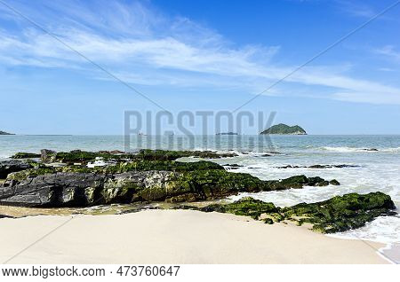 Green Rock On Samila Beach South Of Thailand With White Sand