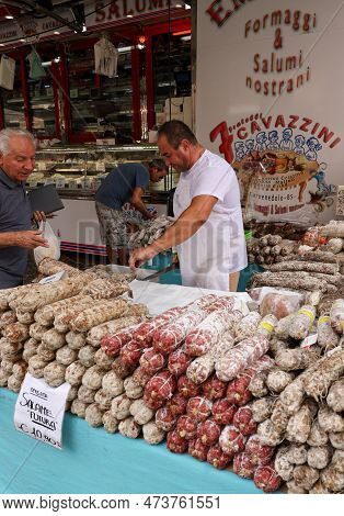 Cremona, Italy - September 7, 2022: Traditional Meat Products Sold At A Street Stall During The Farm