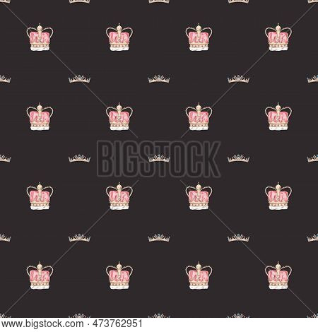 Seamless Pattern Watercolor With Hand Draw Illustration Royal Gold Crown With Precious Stones Sapphi