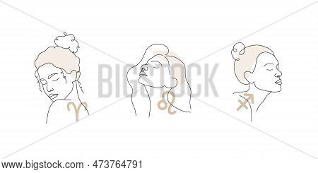 Aries, Leo, Sagittarius. Fire Zodiac Signs With Linear Female Faces. Astrological Icons On White Bac